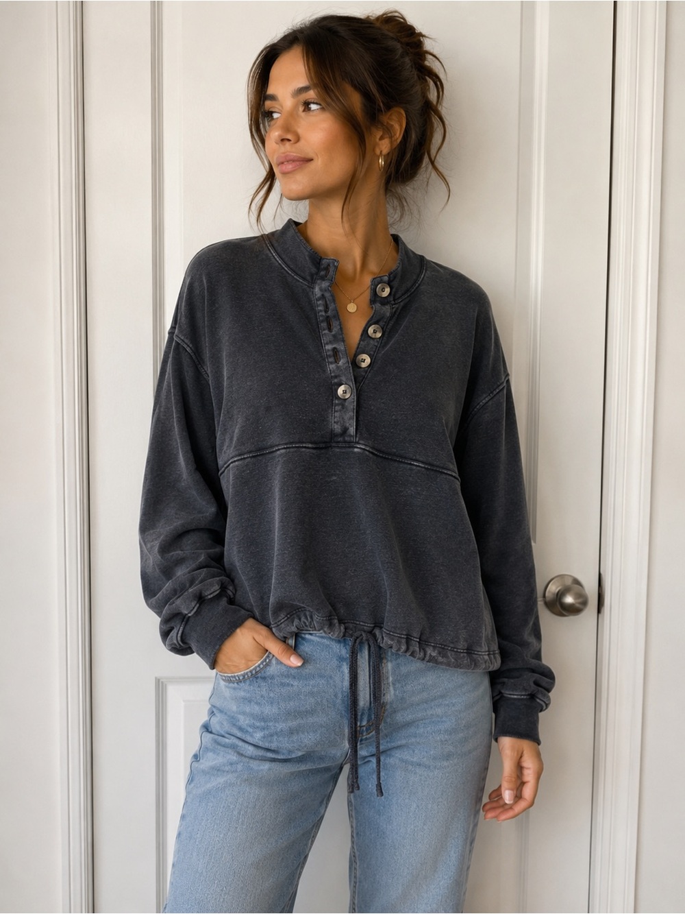 Ocean+Coast Small Long Sleeve Gray Pullover Sweatshirt with Drawstring Hem
